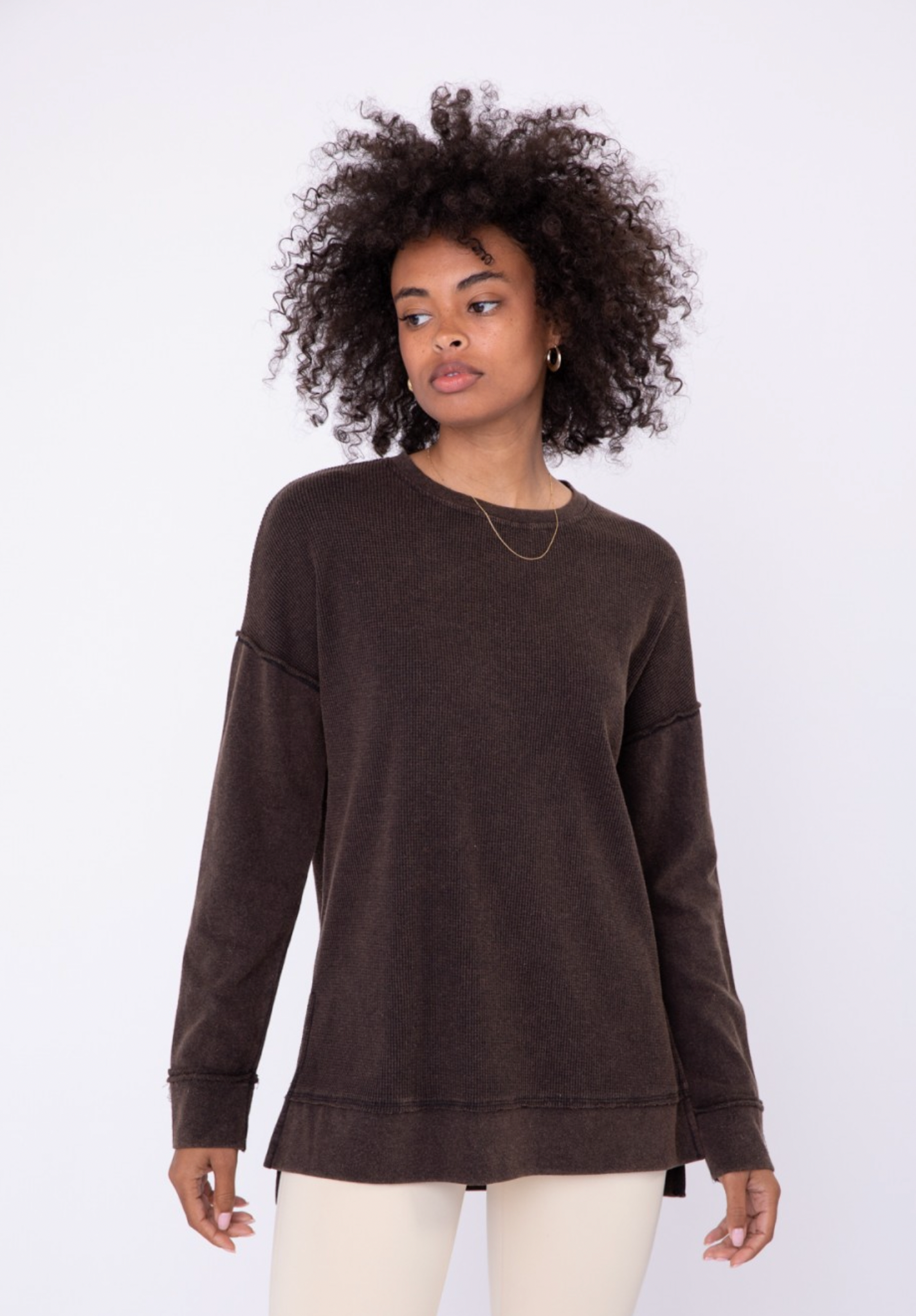 Waffle Knit Pullover with Side Slits